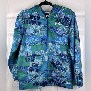 Under Armour boys' full-zip hoodie -blue/green all-over logo print - Sz Youth XL